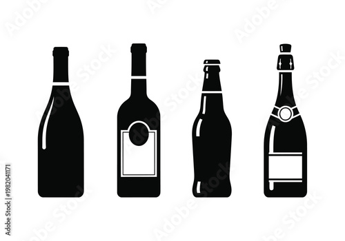 Four distinct types of wine and champagne bottles illustrated in black and white