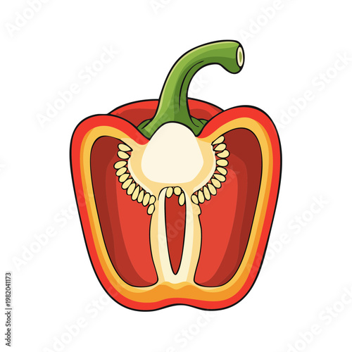 Cross section of a vibrant red bell pepper revealing its seeds and internal structure