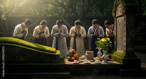 People gather during Qingming festival to pay respects at a gravesite with offerings and flowers in a serene natural environment.