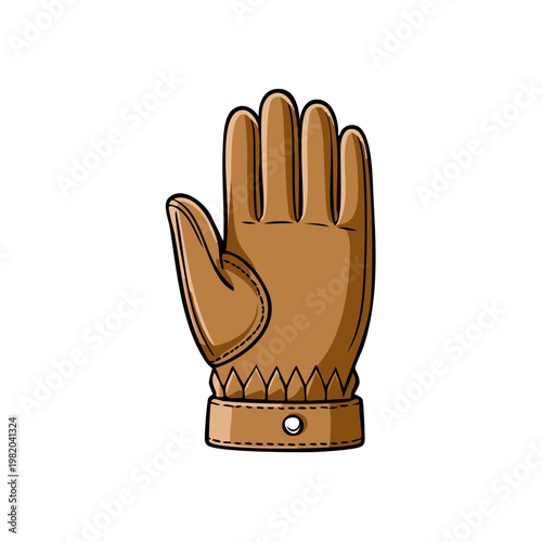 Illustration of a single brown leather glove with stitching and a snap closure