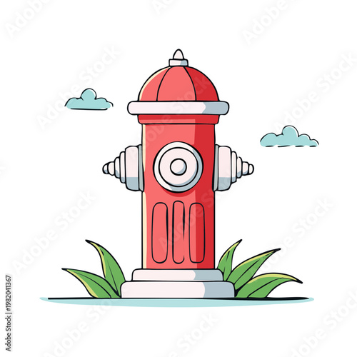 Bright red fire hydrant with clouds and green grass in simple cartoon style
