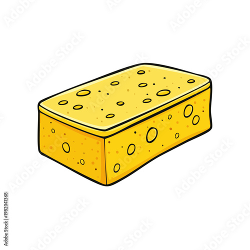 Yellow rectangular cleaning sponge with numerous round holes for household chores and scrubbing tasks