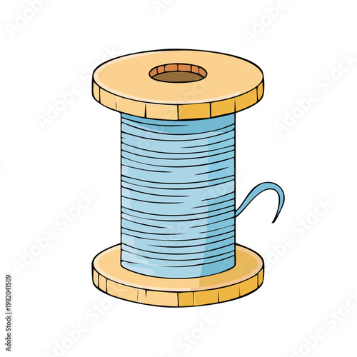 Wooden spool of light blue thread with a single thread tail for sewing and crafts
