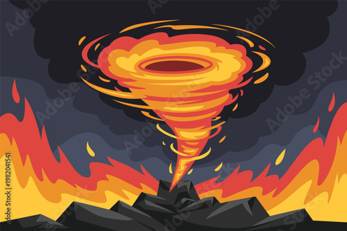 Fiery Tornado in Dark Landscape Illustration Vector Disaster Concept