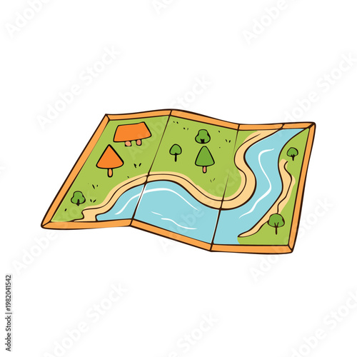 Cartoon nature trail map with river camping tent and trees adventure concept