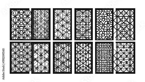 Collection of various decorative metal lattice panels.