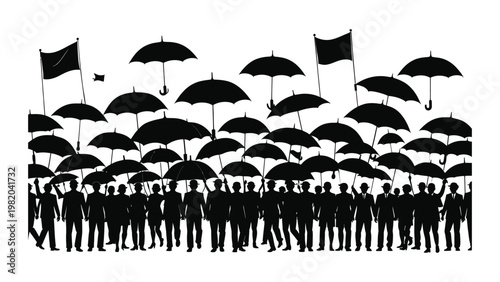 Silhouettes of people holding umbrellas in a crowd.