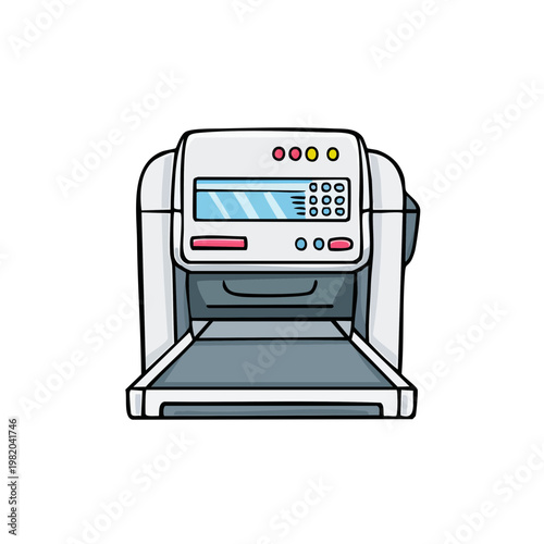 Cartoon illustration of a futuristic printing machine with a keyboard and display