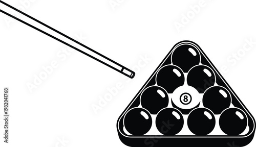 A black and white illustration depicting a rack of billiard balls with a cue stick poised to break