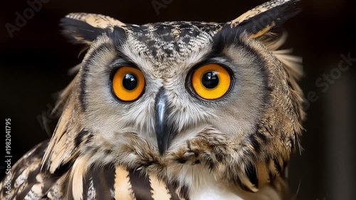 Owl with orange eyes perched quietly during the day at a wildlife center