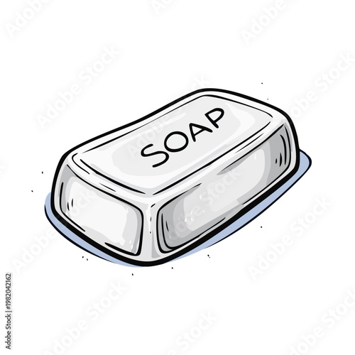 Hand-drawn illustration of a white bar of soap with the word SOAP embossed on it, on a light blue soap dish.