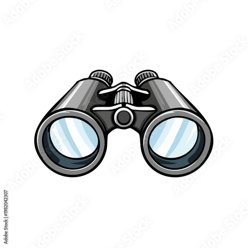 Close-up view of cartoon binoculars with shiny lenses and silver accents