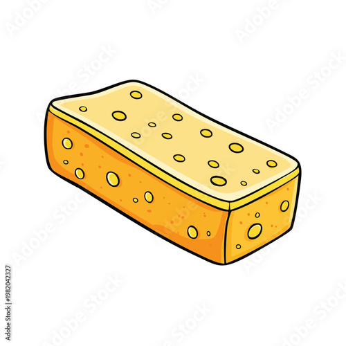 Cartoon drawing of a rectangular yellow sponge with rounded corners and holes.