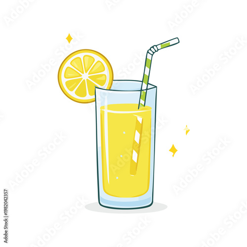 Refreshing yellow lemon drink in a tall glass with a straw and lemon slice garnish