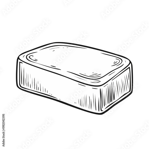 Hand drawn sketch of a bar of soap with textured lines on a white background