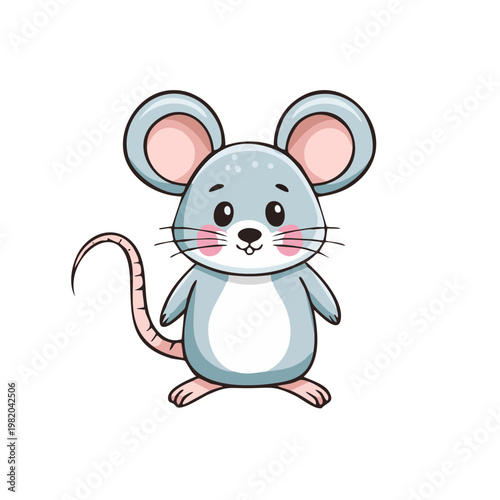 Adorable cartoon gray mouse with big ears and pink cheeks standing playfully