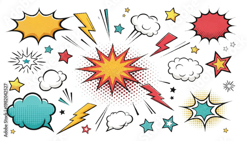 Collection of comic book style explosion and sound effect graphics with vintage comic vintage graphic explosion starburst lightning illustration
