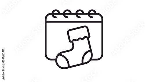 Christmas calendar vector icon featuring a festive holiday stocking, representing advent season, winter holiday planning, and seasonal celebrations. Clean black line art symbol illustration.