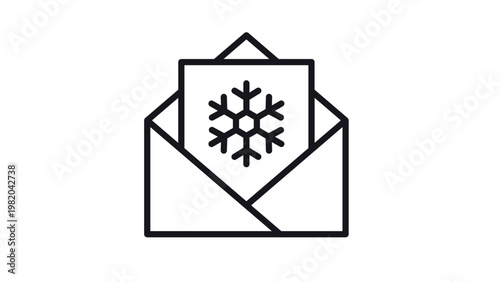Photos Black vector icon illustration of an open envelope containing a winter greeting card with a snowflake symbol, representing seasonal mail, Christmas cards, holiday messages, and invitations
