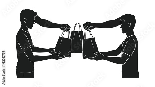 Two men exchanging shopping bags.