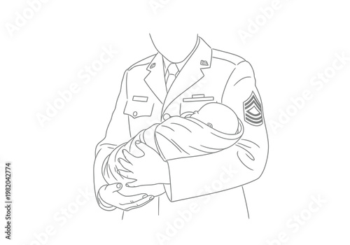 Military personnel holding a baby in uniform with sergeant stripes