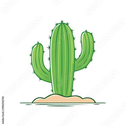 Vibrant green cactus with arms reaching up from sandy desert ground illustration