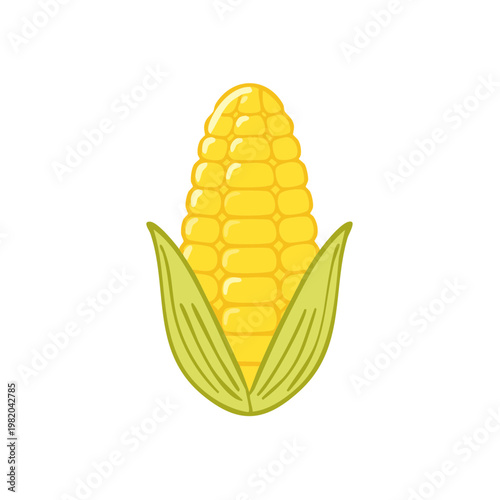 Bright Yellow Corn Cob with Green Husks Simple Cartoon Illustration