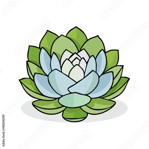 Stylized illustration of a blooming succulent plant with green and blue leaves