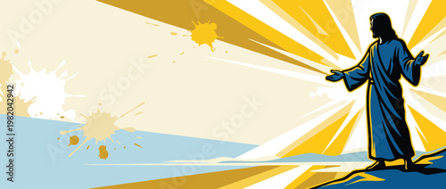 Jesus Christ Silhouette Open Hands Heavenly Light Blue Robe Religious Illustration