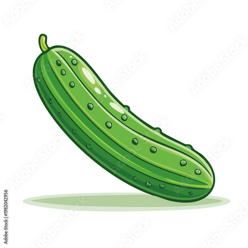 Vibrant green cartoon cucumber with bumpy skin and a leaf stem on a white background