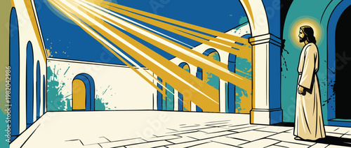 Jesus Christ Figure with Halo Under Divine Light Rays in an Ancient Courtyard