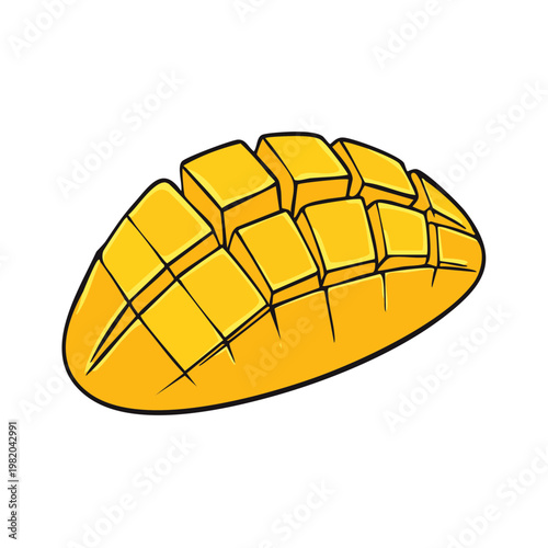 Stylized illustration of a sliced ripe mango with diced flesh for a refreshing tropical fruit.