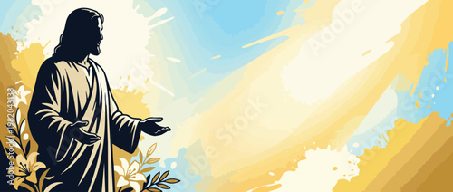 Jesus Christ Silhouette with Open Hands Representing Hope and Heavenly Light