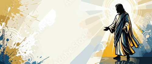 Jesus Christ Silhouette with Open Hands Radiating Heavenly Light Illustration