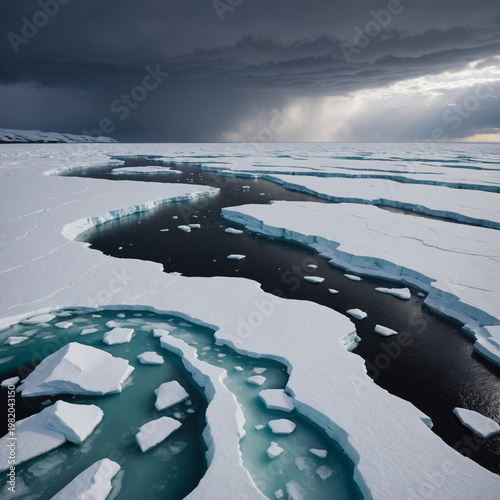 Konstfotografi Arctic sea ice pack breaking up in spring with melt pools