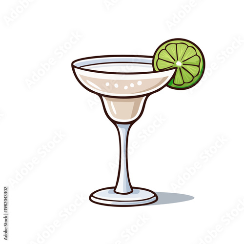 Hand-drawn margarita cocktail with lime garnish isolated on white background