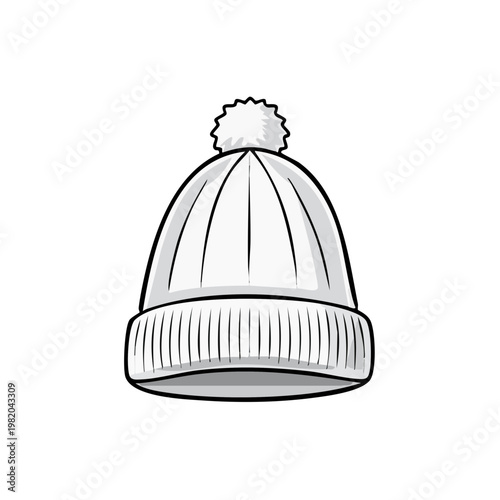 Simple line drawing of a white knitted beanie hat with a pompom on top, perfect for winter warmth and fashion.