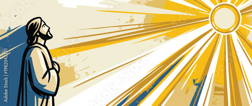 Jesus Looks Up to Light in Sky with Divine Rays and Luminous Atmosphere