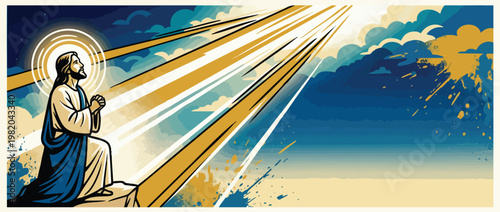 Jesus Praying Under Divine Light Beams from Heavenly Sky with Luminous Aura