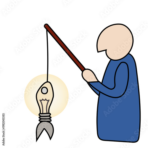 A character dressed in blue fishing out a fish in the shape of a glowing lightbulb. Concept of getting a great idea. Vector drawing. 
