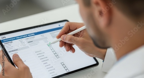 A healthcare professional reviews a patient record on a tablet. The individual is marking items on a digital form with a stylus.