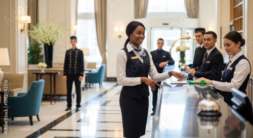 Several hotel staff members stand behind a reception desk in a grand hotel lobby. A woman in a dark uniform is handing a key to a guest, while a man is holding a bell.