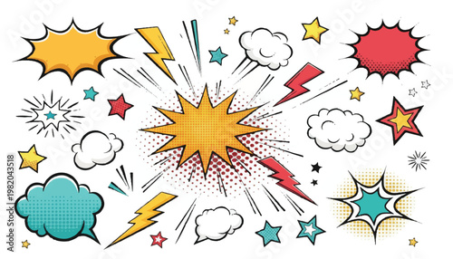 Collection of comic book explosion and speech bubble elements graphic design sound effect pop art design element text box lightning bolt