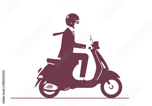 Business professional riding a vintage scooter through the city streets