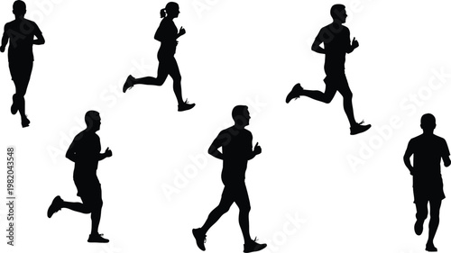 Diverse group of marathon runners in motion, set of six black vector silhouettes of male and female athletes jogging and sprinting isolated on white.