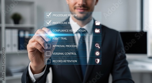 A professional man in a dark suit gestures with a glowing blue hand towards a series of checklist items displayed on a transparent screen.