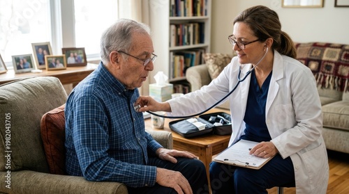 A healthcare professional listens to an elderly man's heart with a stethoscope. The woman, a nurse, is seated beside the older man on a comfortable couch in a warmly lit living room.