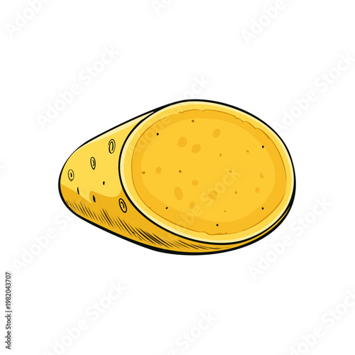 Cut potato showing yellow flesh with brown skin and small indentations illustration