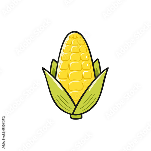 Cartoon ear of corn with bright yellow kernels and green husks isolated on white