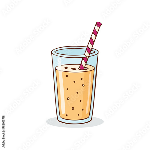 Refreshing peach smoothie in a tall glass with a striped straw on a white background